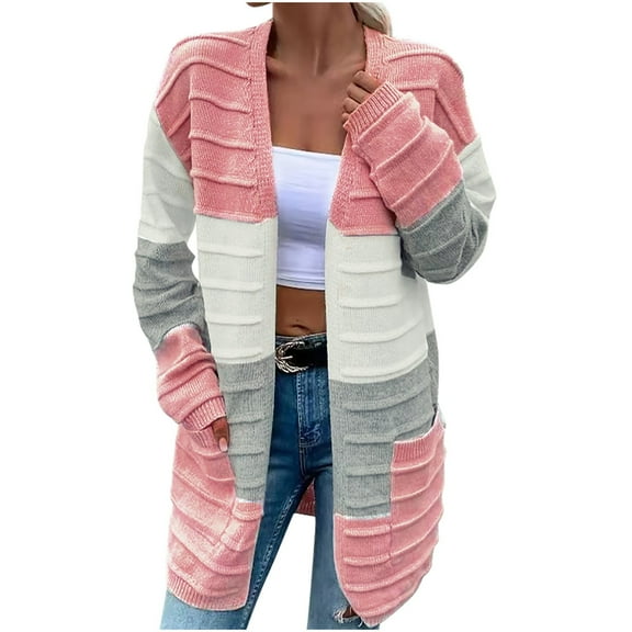 Women's Plus Size Cardigan Sweater Colorblock Open Front Knit Long Cardigan 2024 Fall Boho Causal Coat Outwears