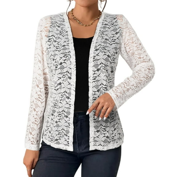 Women's Plus Size Cardigans Open Front Long Sleeve Sheer Lace Cover Up
