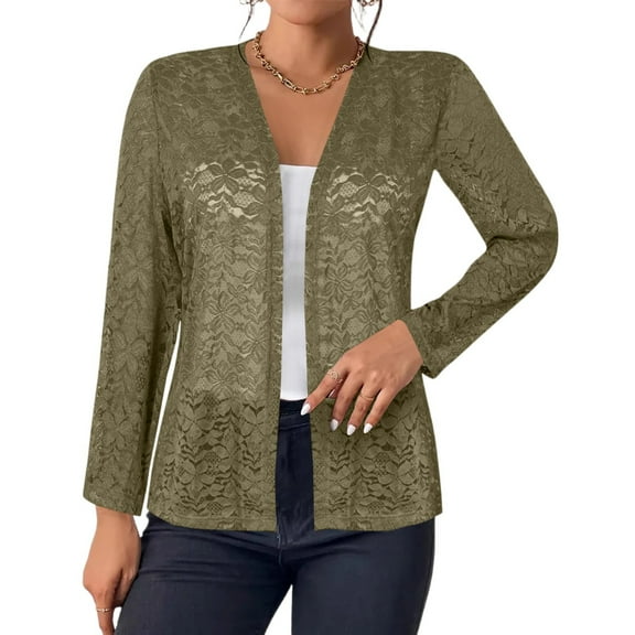 Women's Plus Size Cardigans Open Front Long Sleeve Sheer Lace Cover Up