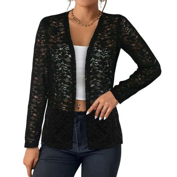 Women's Plus Size Cardigans Open Front Long Sleeve Sheer Lace Cover Up