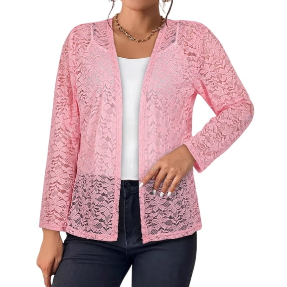 Women's Plus Size Cardigans Open Front Long Sleeve Sheer Lace Cover Up