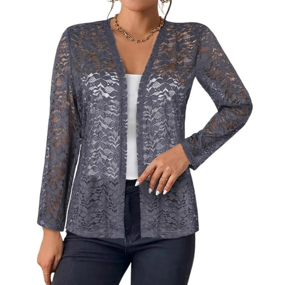 Women's Plus Size Cardigans Open Front Long Sleeve Sheer Lace Cover Up