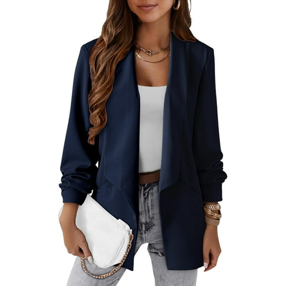 Women's Plus Size Career Wear Blazer Solid Color Long Sleeve Notched Lapel Open Front Business Jacket