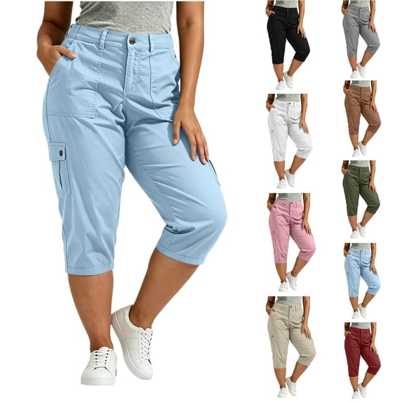 Women's Plus Size Cargo Capri Pants High Waisted Slim Fit Cargo Cropped Pants Summer Outdoor Casual Trousers, L-5XL