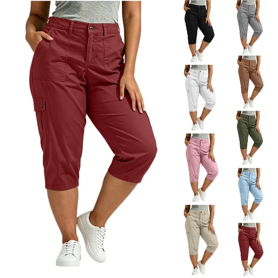 Women's Plus Size Cargo Capri Pants High Waisted Slim Fit Cargo Cropped Pants Summer Outdoor Casual Trousers, L-5XL