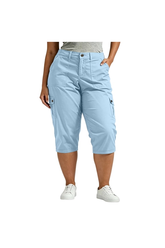 Women's Plus Size Cargo Capris, Elastic Waist Summer Lightweight Cropped Travel Hiking Pants with Pockets