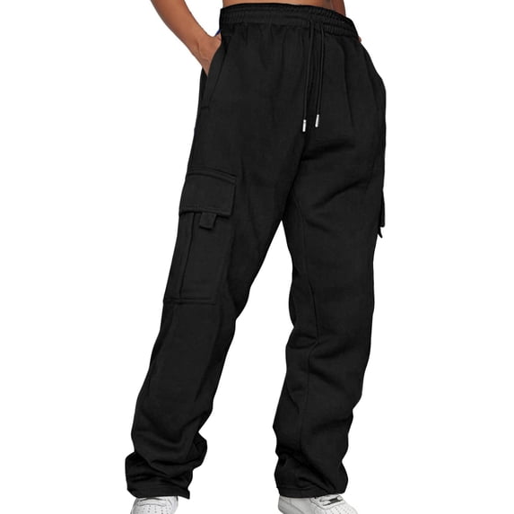Women's Plus Size Cargo Pants, Drawstring Elastic Waist Loose Fit Workout Trousers, Multi-Pocket Utility Athletic Pants for Daily Casual Wear and Street Style Black XXL