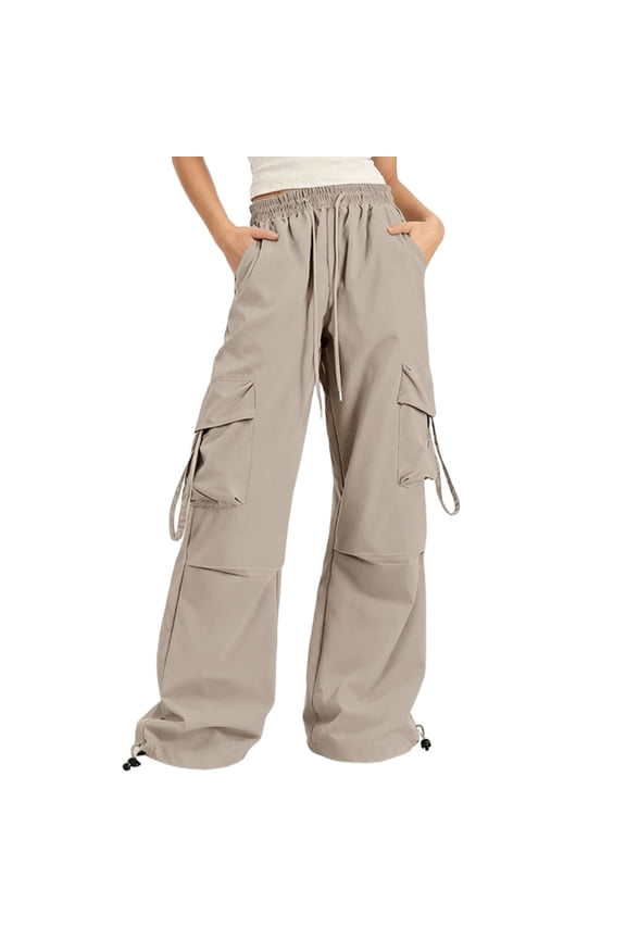 Women's Plus Size Cargo Pants Drawstring Waist Ruched Baggy Parachute Pants Streetwear Joggers with Pockets Khaki M