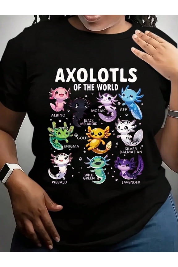 Women's Plus Size Cartoon Graphic T-Shirt - AXOLOTLS OF THE WORLD Design, Casual Crew Neck Short Sleeve Top, Soft Blend, Vibrant Pink With Playful Animal Illustrations, Perfect For Summer Outfi