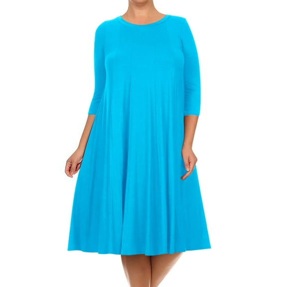 Women's Plus Size Casual 3/4 Sleeves Basic A-Line Pleated Solid Midi Dress
