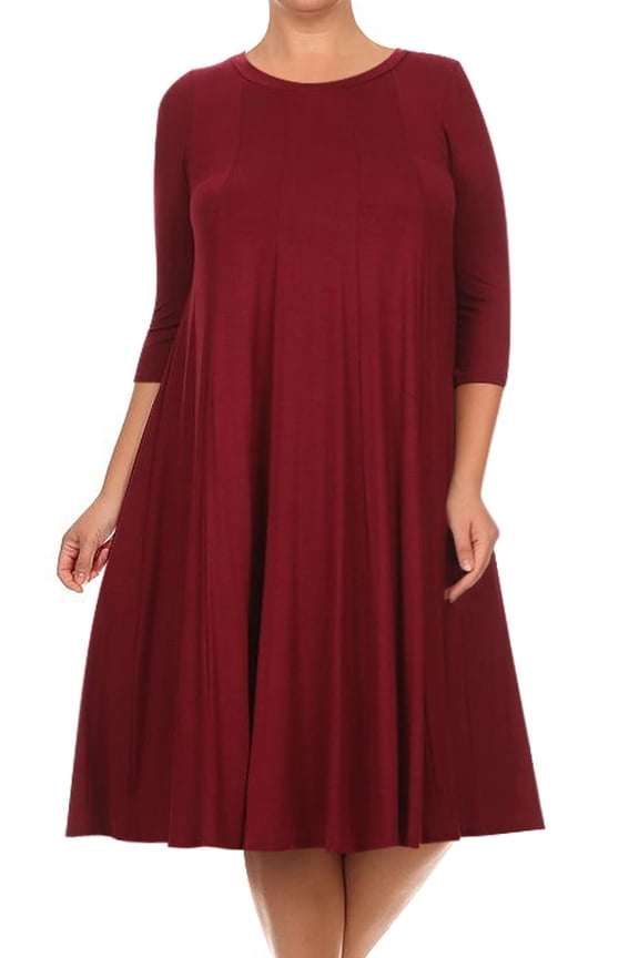 Women's Plus Size Casual 3/4 Sleeves Basic A-Line Pleated Solid Midi Dress Made in USA