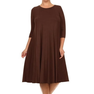 Women's Plus Size Casual 3/4 Sleeves Basic A-Line Pleated Solid Midi Dress Made in USA