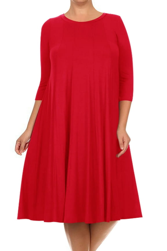 Women's Plus Size Casual 3/4 Sleeves Basic A-Line Pleated Solid Midi Dress