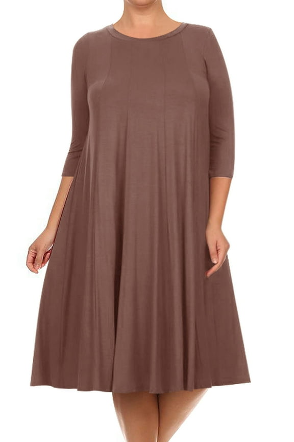 Women's Plus Size Casual 3/4 Sleeves Basic A-Line Pleated Solid Midi Dress Made in USA