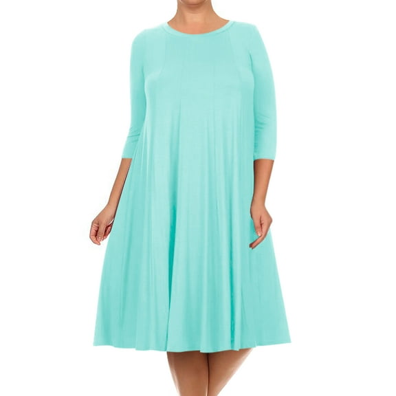 Women's Plus Size Casual 3/4 Sleeves Basic A-Line Pleated Solid Midi Dress