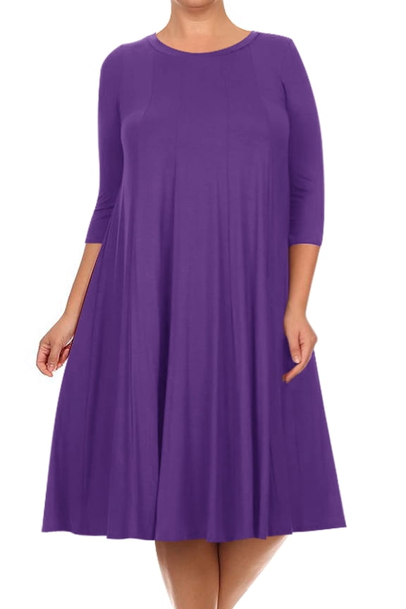 Women's Plus Size Casual 3/4 Sleeves Basic A-Line Pleated Solid Midi Dress