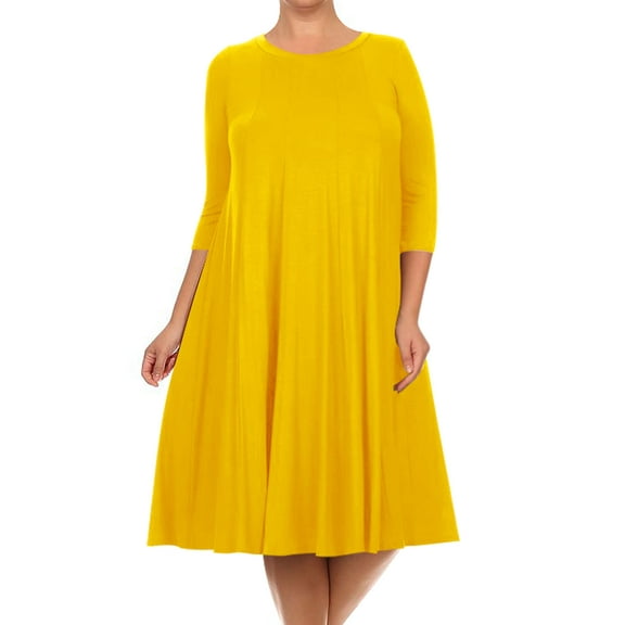 Women's Plus Size Casual 3/4 Sleeves Basic A-Line Pleated Solid Midi Dress