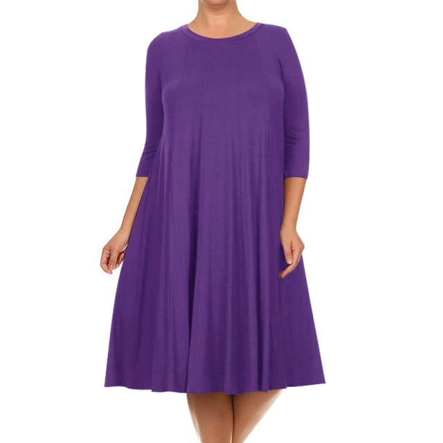 Women's Plus Size Casual 3/4 Sleeves Basic A-Line Pleated Solid Midi Dress Made in USA
