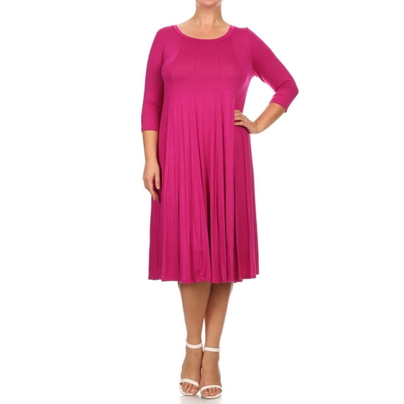 Women's Plus Size Casual 3/4 Sleeves Basic A-Line Pleated Solid Midi Dress