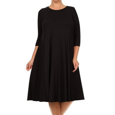 Women's Plus Size Casual 3/4 Sleeves Basic A-Line Pleated Solid Midi Dress