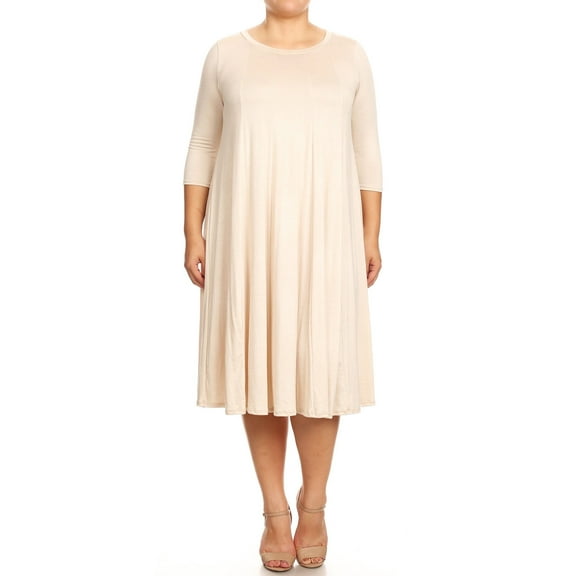 Women's Plus Size Casual 3/4 Sleeves Basic A-Line Pleated Solid Midi Dress
