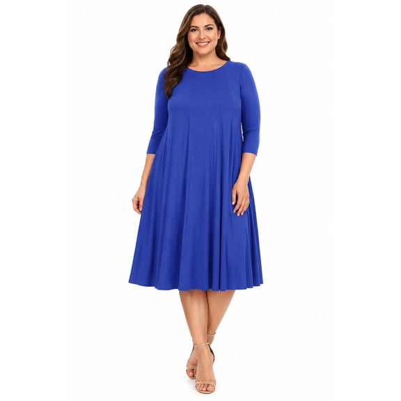 Women's Plus Size Casual 3/4 Sleeves Basic A-Line Pleated Solid Midi Dress