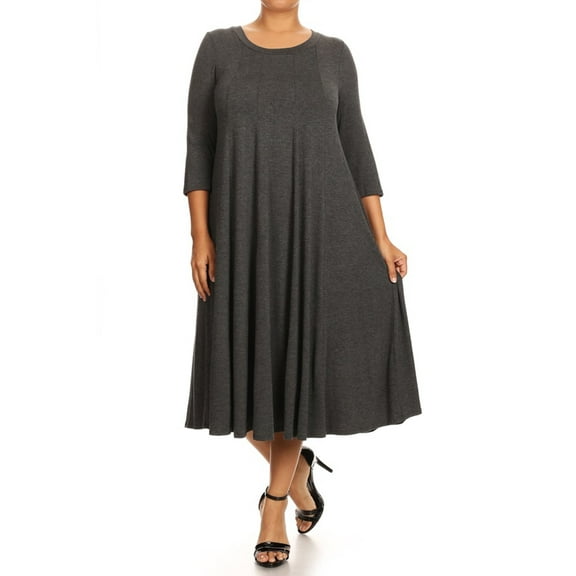 Women's Plus Size Casual 3/4 Sleeves Basic A-Line Pleated Solid Midi Dress