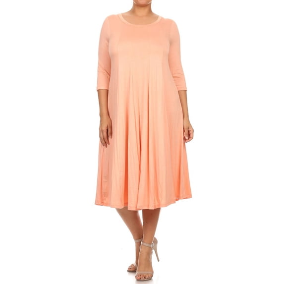 Women's Plus Size Casual 3/4 Sleeves Basic A-Line Pleated Solid Midi Dress