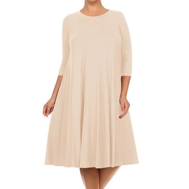 Women's Plus Size Casual 3/4 Sleeves Basic A-Line Pleated Solid Midi Dress