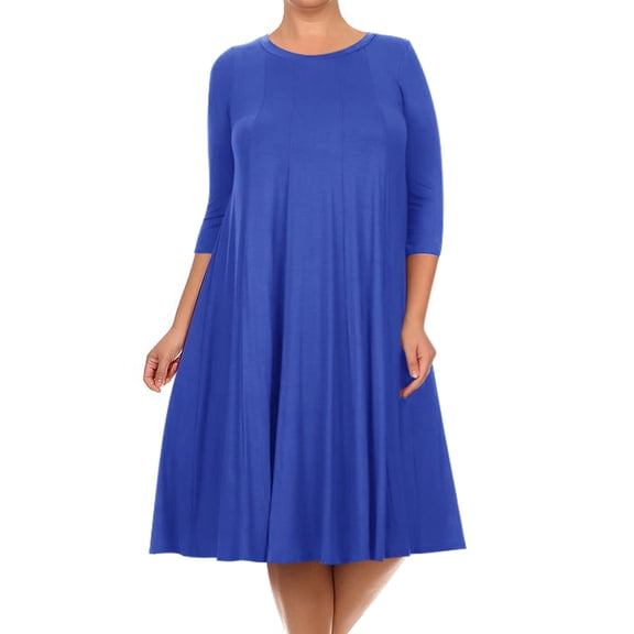 Women's Plus Size Casual 3/4 Sleeves Basic A-Line Pleated Solid Midi Dress