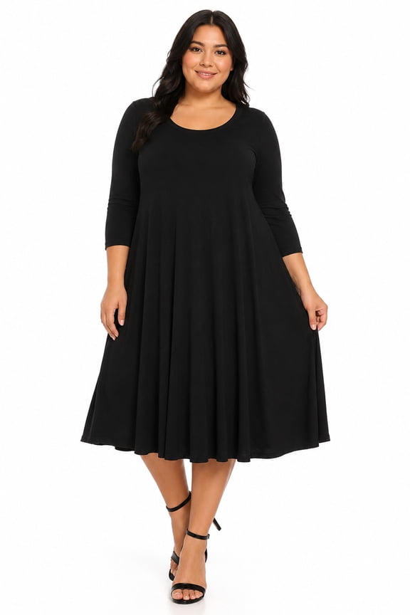 Women's Plus Size Casual 3/4 Sleeves Basic A-Line Pleated Solid Midi Dress