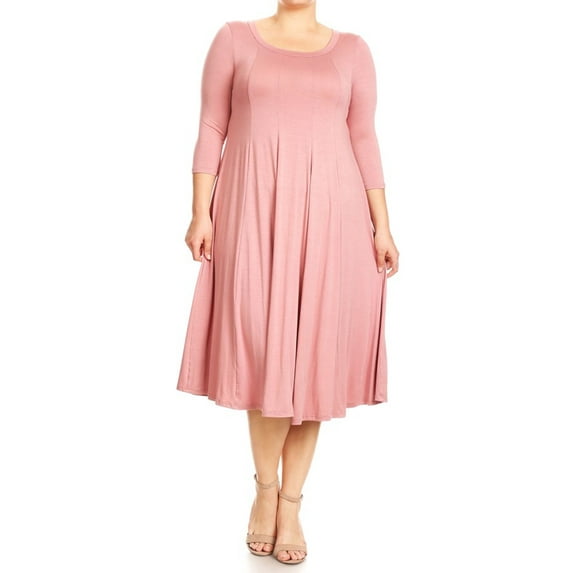Women's Plus Size Casual 3/4 Sleeves Basic A-Line Pleated Solid Midi Dress