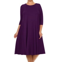 Women's Plus Size Casual 3/4 Sleeves Basic A-Line Pleated Solid Midi Dress