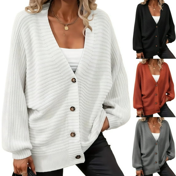 Women's Plus Size Casual Black V-Neck Ribbed Knit Cardigan - Long Sleeve, Button-Down, Fall & Winter Sizes 0XL-5XL