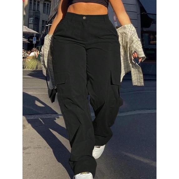 Women's Plus Size Casual Cargo Pants - Solid Colors, Long & Plain
