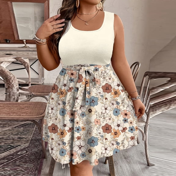Women's Plus Size Casual Color Block Print Sleeveless Waist Cinched Dress - Beige XXXXL