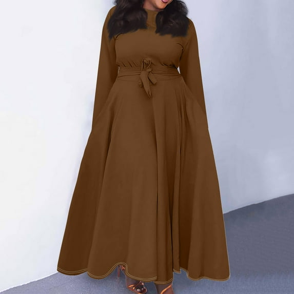 Women's Plus Size Casual Comfortable Swing Dress - Round Neck Long Sleeve with Pockets & Tie Waist - Brown XXXL