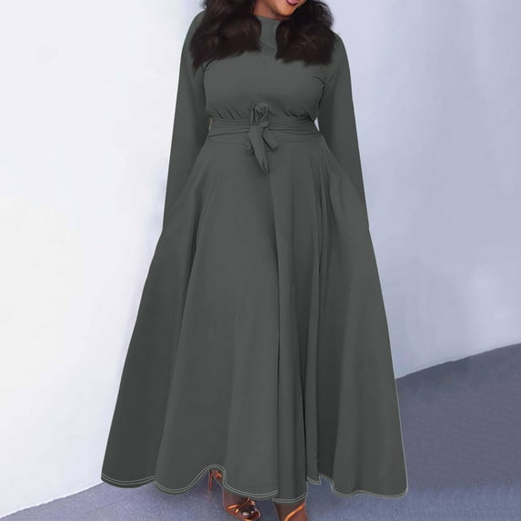 Women's Plus Size Casual Comfortable Swing Dress - Round Neck Long Sleeve with Pockets & Tie Waist - Gray XL