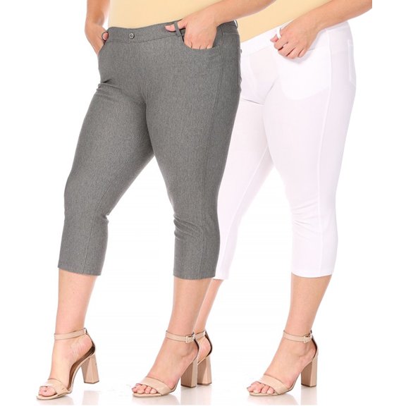 Women's Plus Size Casual Comfy Slim Pocket Jeggings Jeans Capri Leggings Pants (Pack of 2)