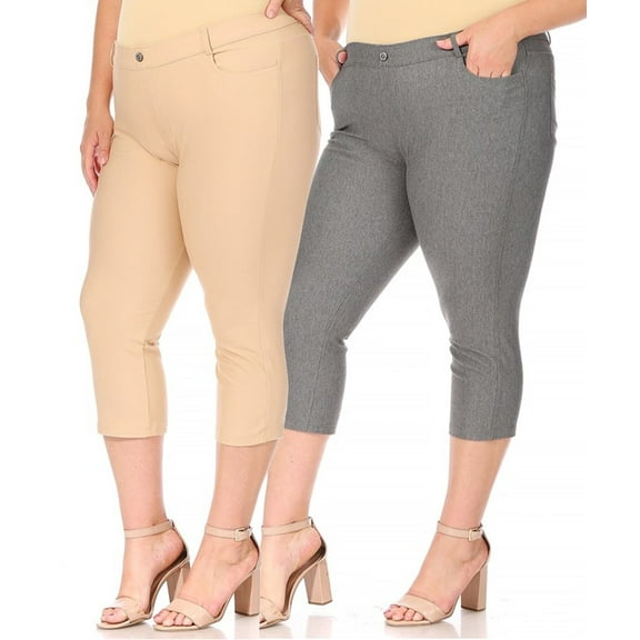Women's Plus Size Casual Comfy Slim Pocket Jeggings Jeans Capri Leggings Pants (Pack of 2)