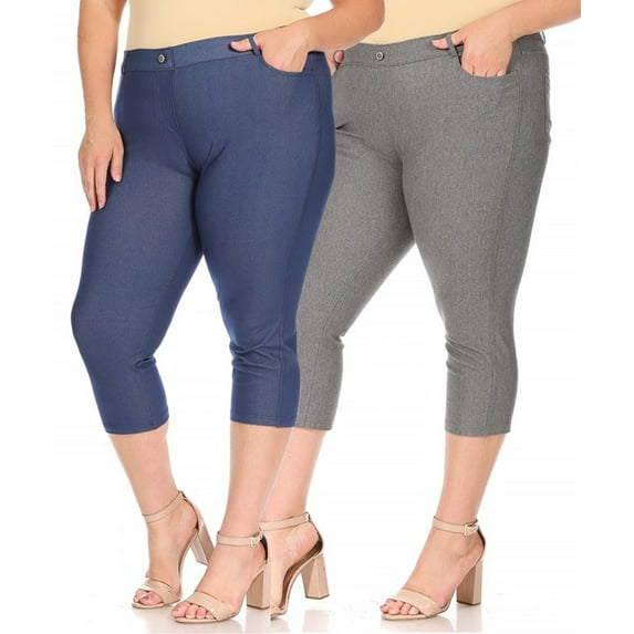 Women's Plus Size Casual Comfy Slim Pocket Jeggings Jeans Capri Leggings Pants (Pack of 2)