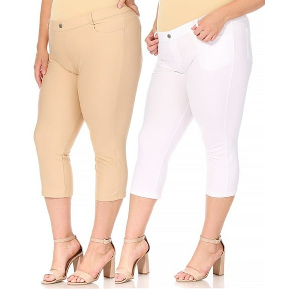 Women's Plus Size Casual Comfy Slim Pocket Jeggings Jeans Capri Leggings Pants (Pack of 2)