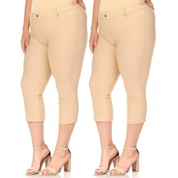 Women's Plus Size Casual Comfy Slim Pocket Jeggings Jeans Capri Leggings Pants (Pack of 2)