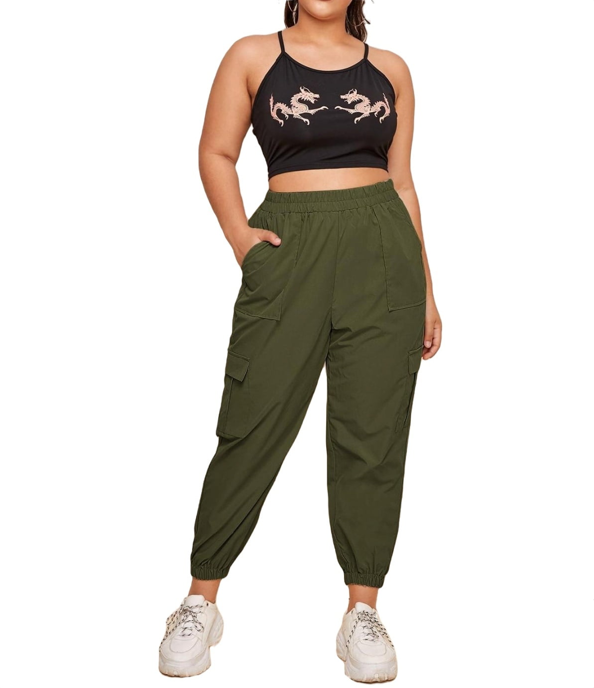Women's Plus Size Casual Drawstring Waist Jogger Workout Cargo Pants