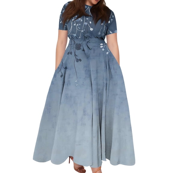 Women's Plus Size Casual Fashion Floral Print Round Neck Short Sleeve Pocket Tie-Waist Swing Dress - Blue 4XL