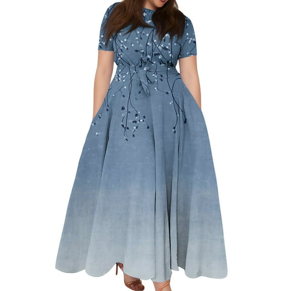 Women's Plus Size Casual Fashion Floral Print Round Neck Short Sleeve Pocket Tie-Waist Swing Dress - Light Blue 4XL