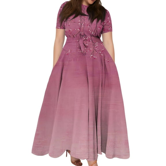 Women's Plus Size Casual Fashion Floral Print Round Neck Short Sleeve Pocket Tie-Waist Swing Dress - Pink XXXL