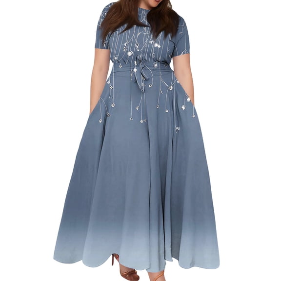 Women's Plus Size Casual Fashion Floral Print Round Neck Short Sleeve Pocket Tie-Waist Swing Dress - Royal Blue 4XL