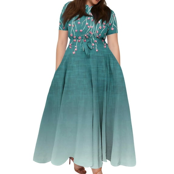 Women's Plus Size Casual Fashion Floral Print Round Neck Short Sleeve Pocket Tie-Waist Swing Dress - Turquoise XXXL