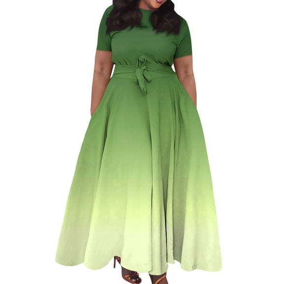 Women's Plus Size Casual Fashion Gradient Print Round Neck Short Sleeve Pocket Tie-Waist Swing Dress - Fluorescent Pink XXL